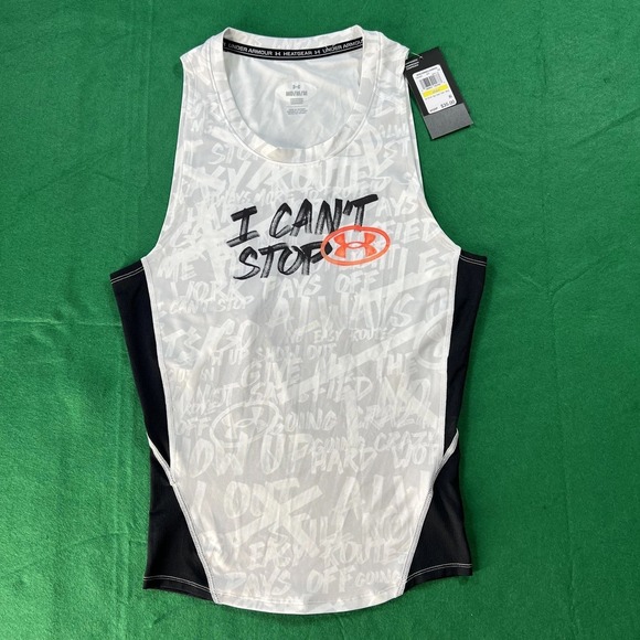Under Armour Shirt Mens Medium White I Can't Stop Compression Tank Top HeatGear - Picture 1 of 5